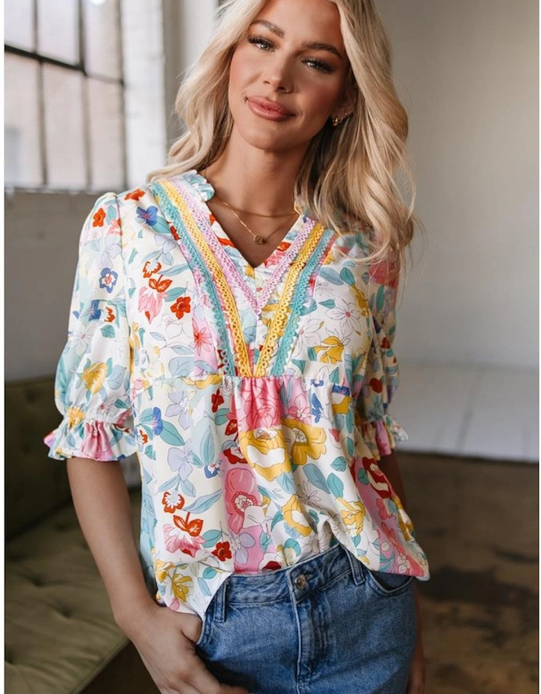 Pink Boho Flower Print Half Puff Sleeve Blouse