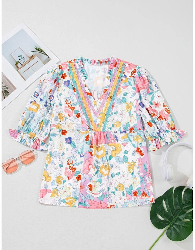 Pink Boho Flower Print Half Puff Sleeve Blouse