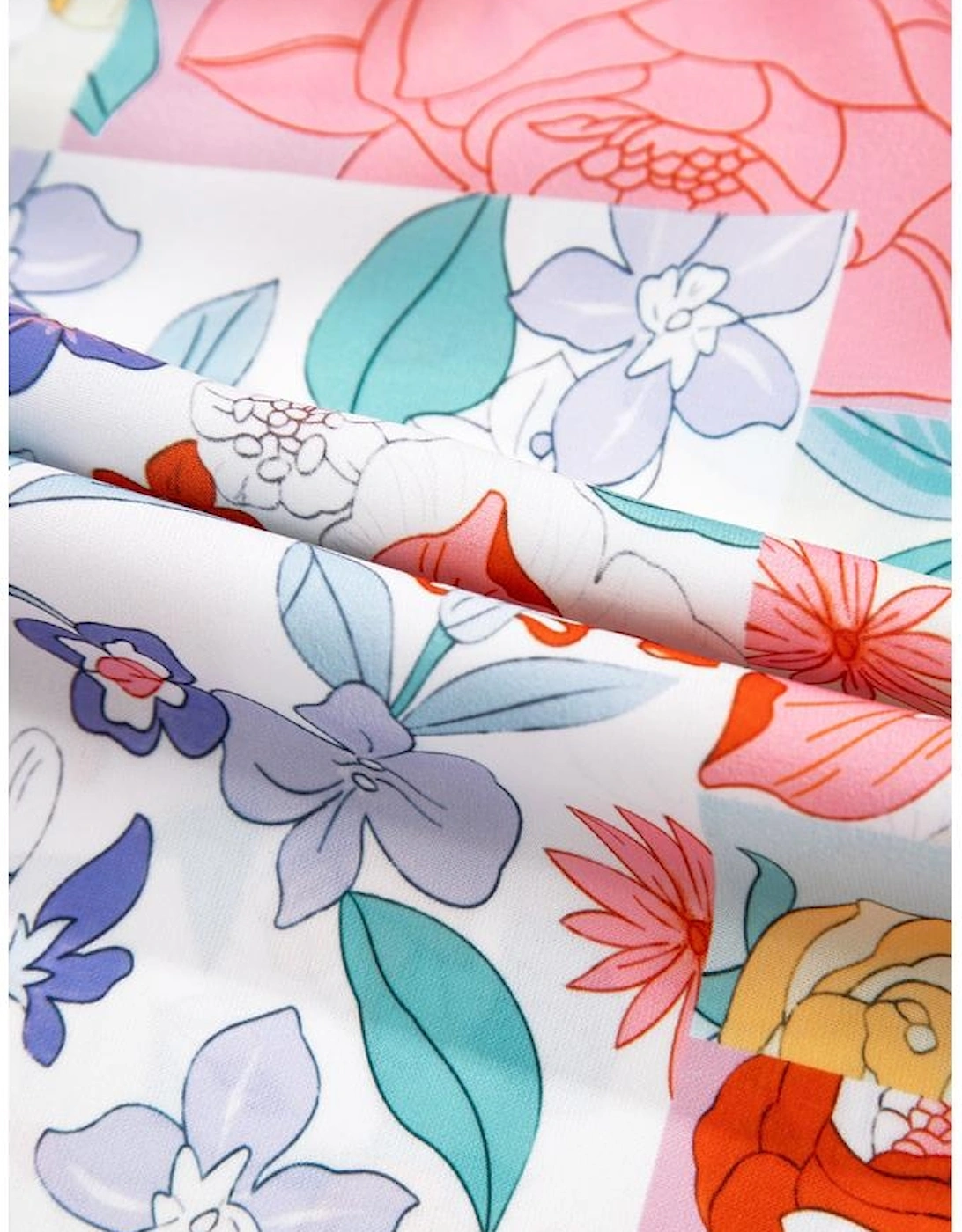 Pink Boho Flower Print Half Puff Sleeve Blouse