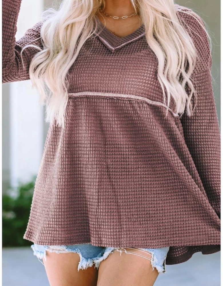 Pink Waffle Knit V Neck Long Sleeve Babydoll Top