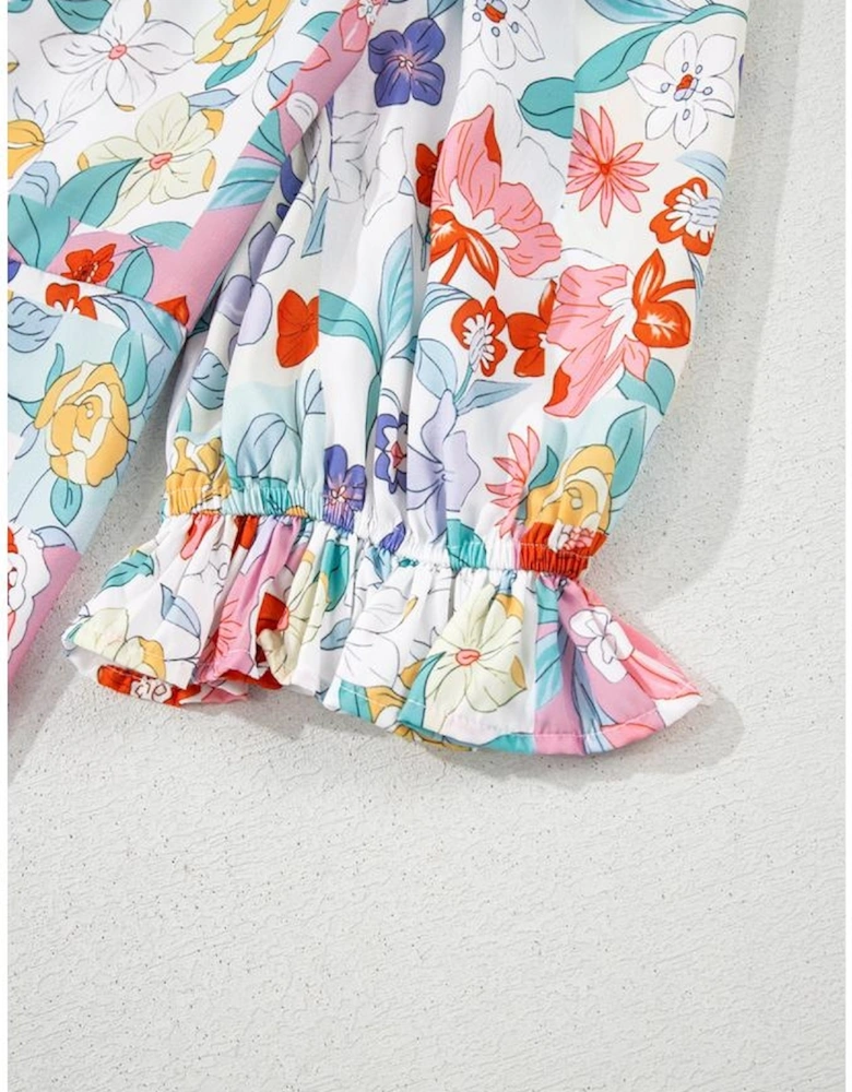 Pink Boho Flower Print Half Puff Sleeve Blouse