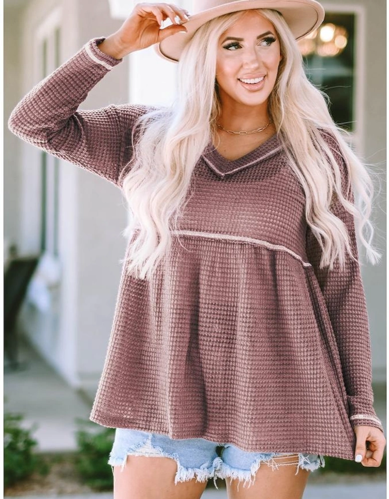 Pink Waffle Knit V Neck Long Sleeve Babydoll Top