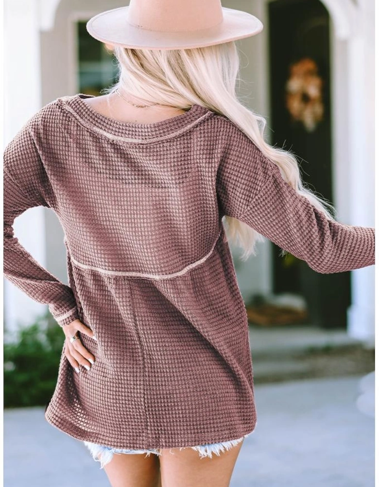 Pink Waffle Knit V Neck Long Sleeve Babydoll Top