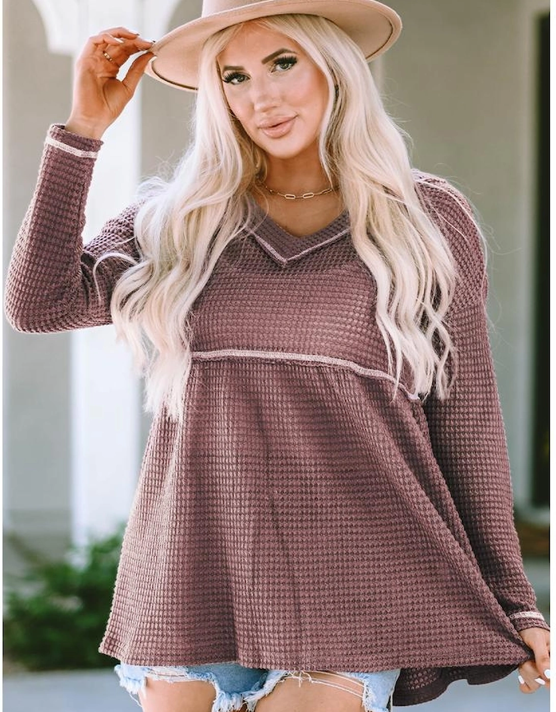 Pink Waffle Knit V Neck Long Sleeve Babydoll Top