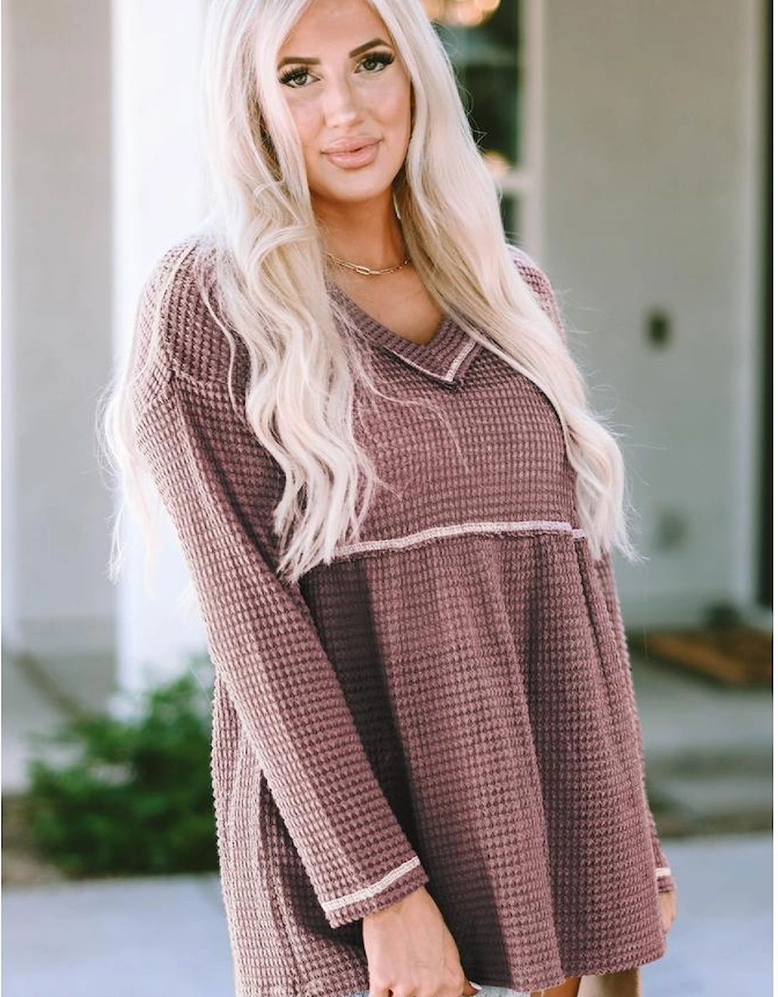 Pink Waffle Knit V Neck Long Sleeve Babydoll Top