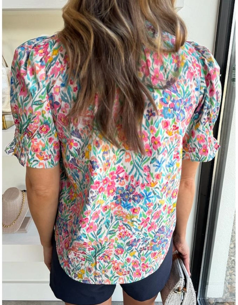 Pink Floral Print Button Split Neck Puff Sleeve Blouse