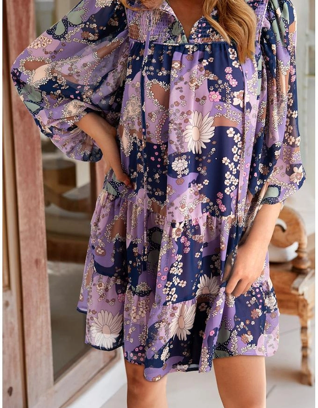 Purple Vintage Daisy Floral Puff Sleeve Ruffle Short Dress