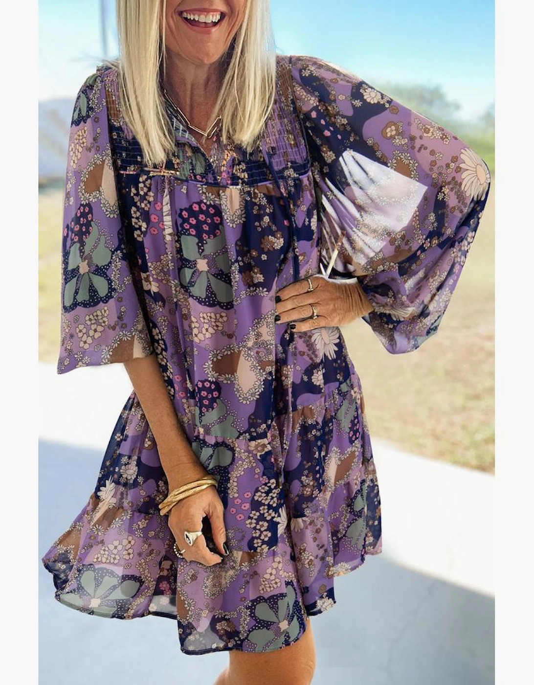 Purple Vintage Daisy Floral Puff Sleeve Ruffle Short Dress