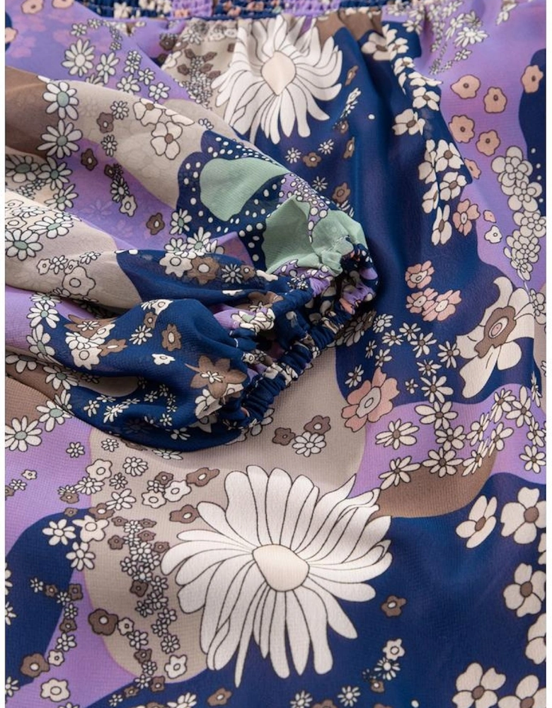 Purple Vintage Daisy Floral Puff Sleeve Ruffle Short Dress