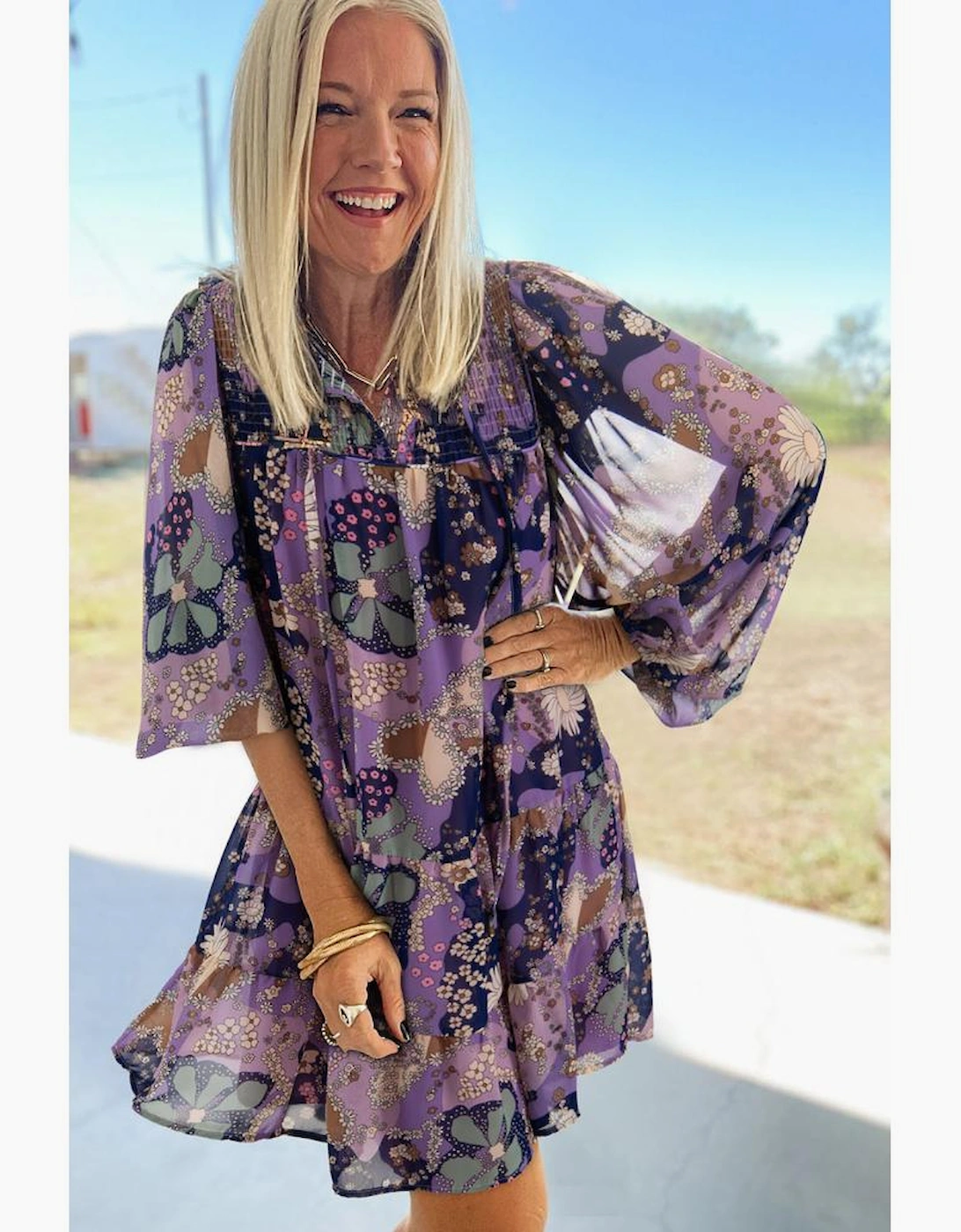 Purple Vintage Daisy Floral Puff Sleeve Ruffle Short Dress, 10 of 9