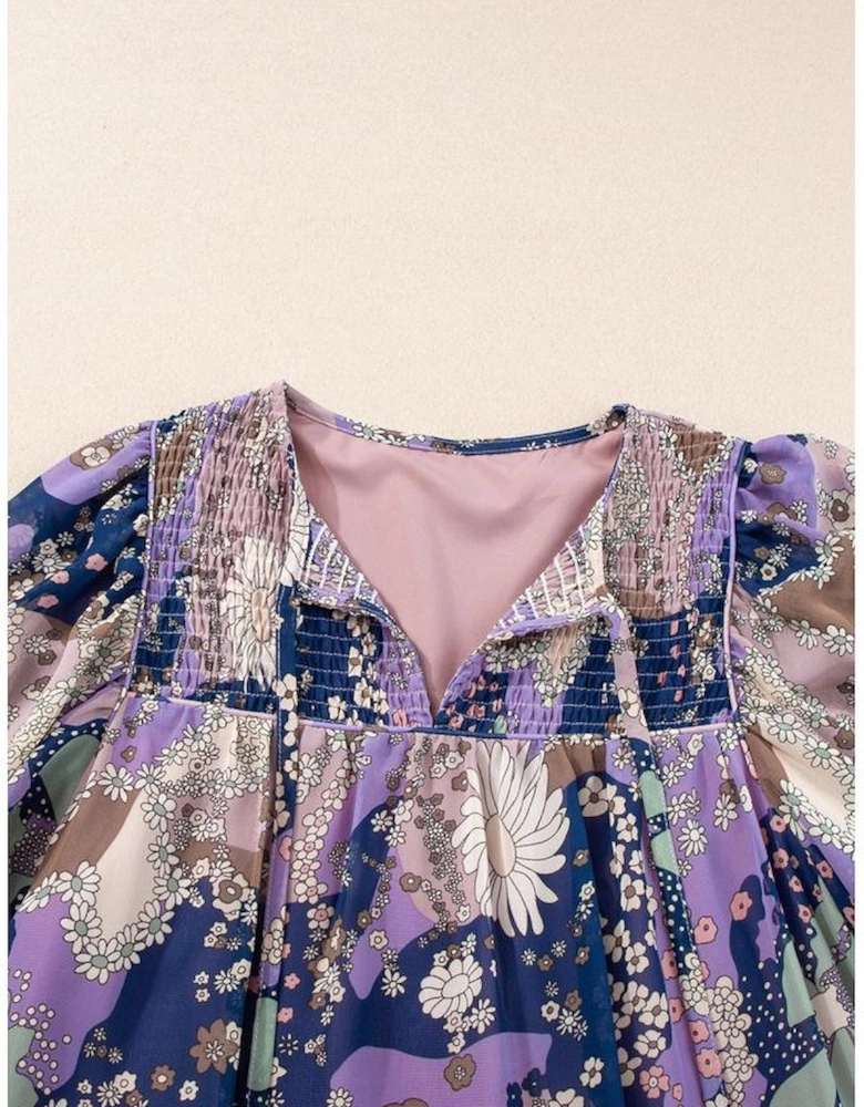 Purple Vintage Daisy Floral Puff Sleeve Ruffle Short Dress