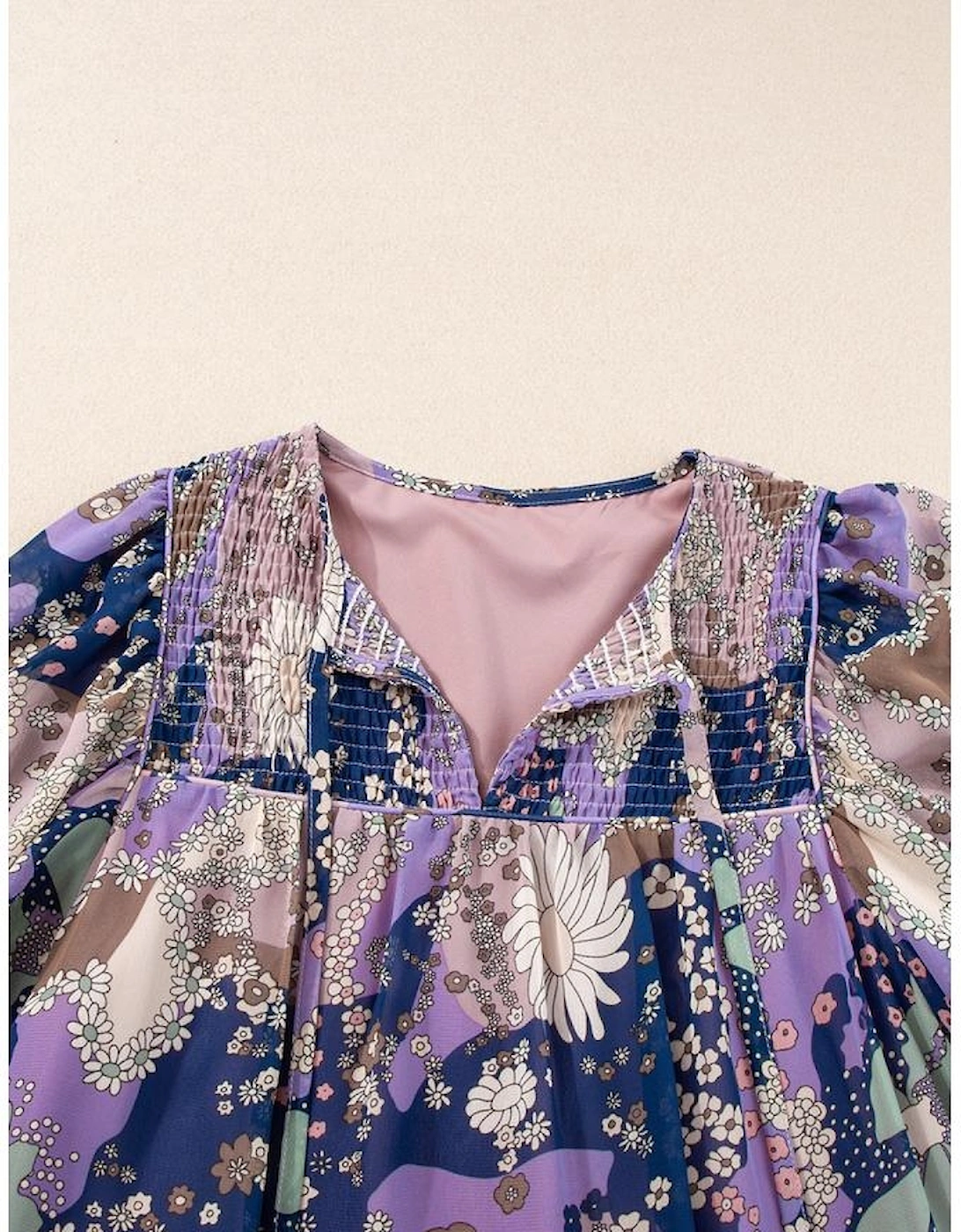 Purple Vintage Daisy Floral Puff Sleeve Ruffle Short Dress