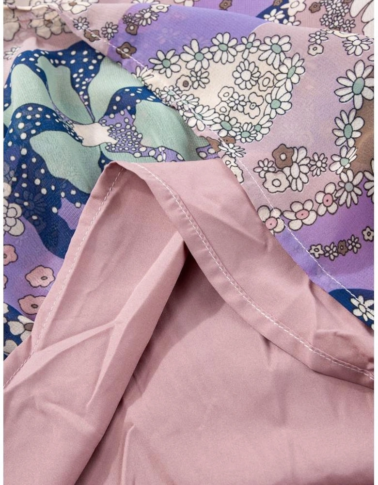 Purple Vintage Daisy Floral Puff Sleeve Ruffle Short Dress