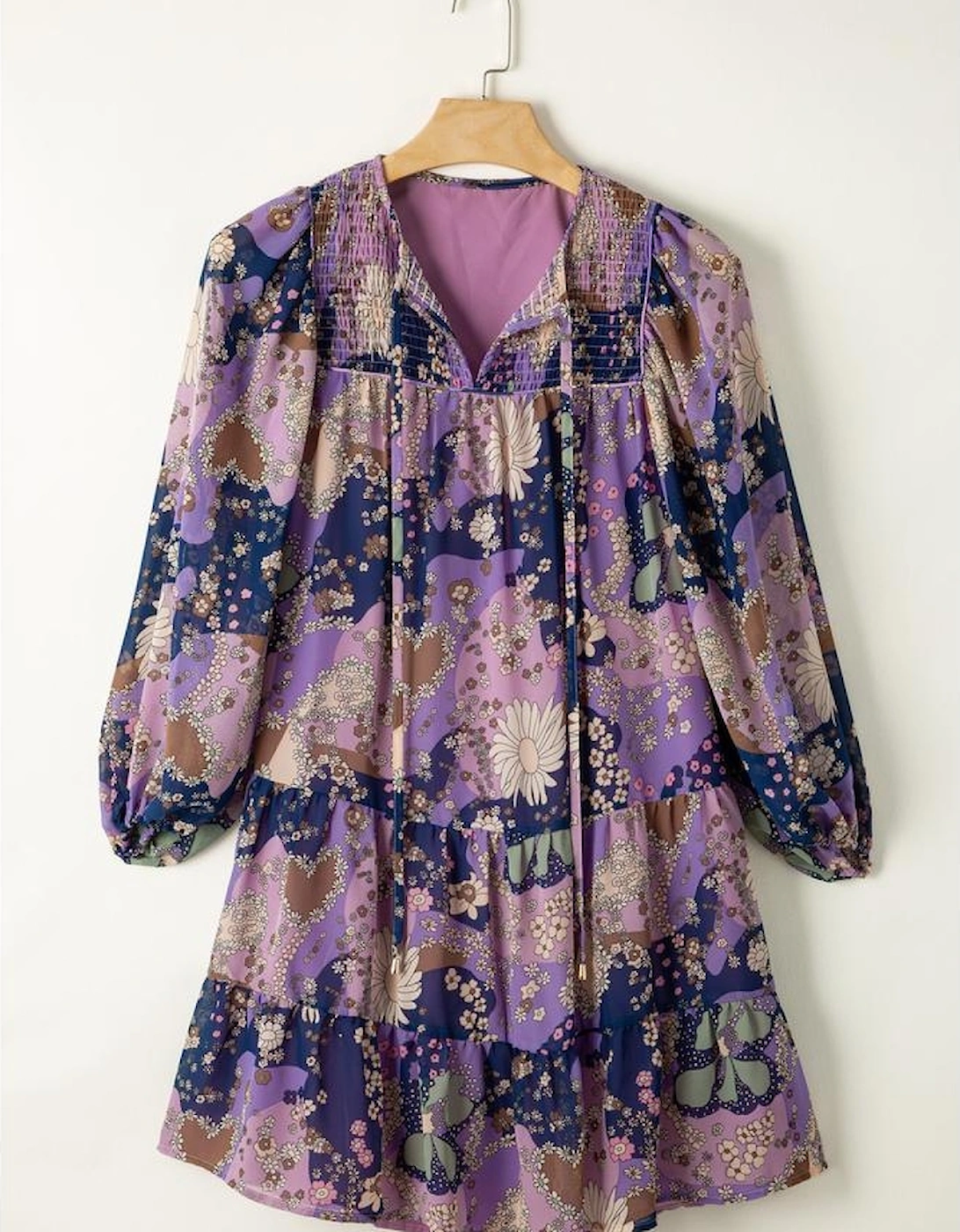 Purple Vintage Daisy Floral Puff Sleeve Ruffle Short Dress