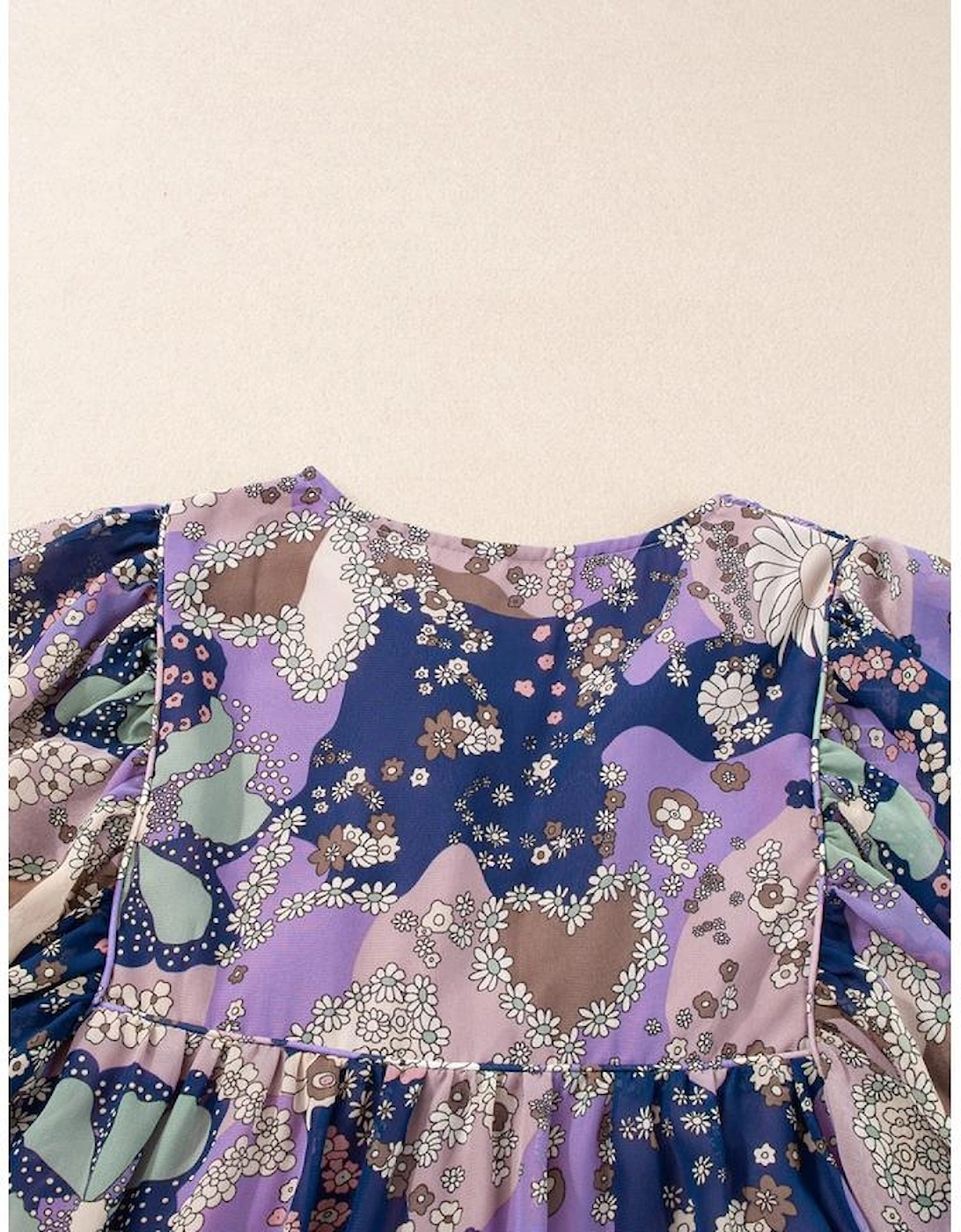 Purple Vintage Daisy Floral Puff Sleeve Ruffle Short Dress