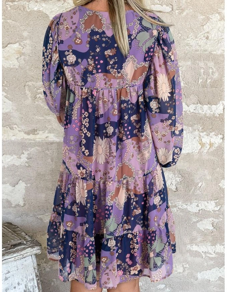 Purple Vintage Daisy Floral Puff Sleeve Ruffle Short Dress