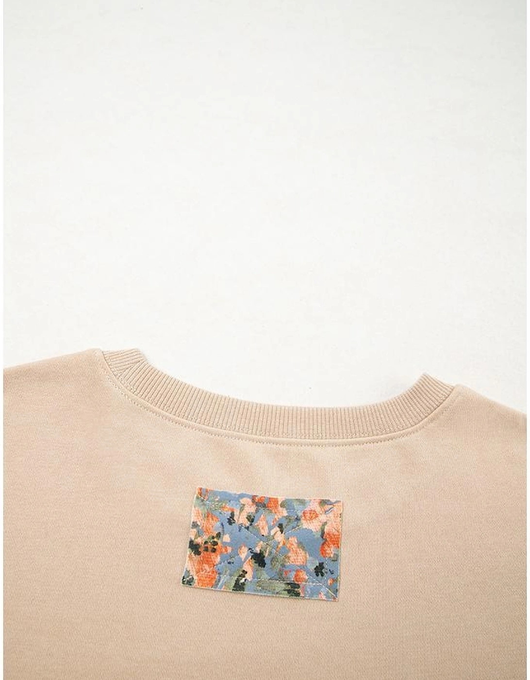 Smoke Gray Plaid Colorblock Patchwork Sleeve Raw Seam Sweatshirt