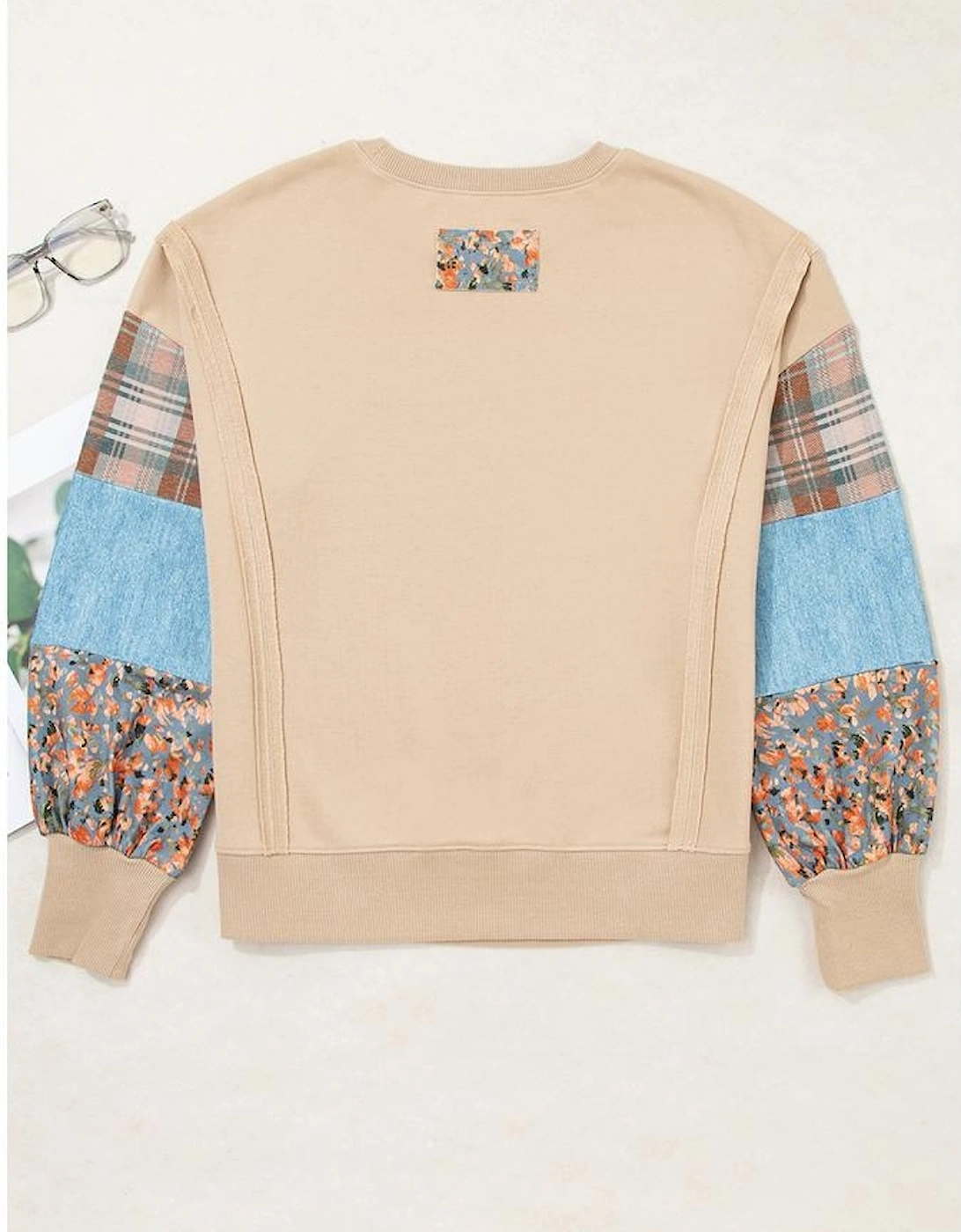 Smoke Gray Plaid Colorblock Patchwork Sleeve Raw Seam Sweatshirt