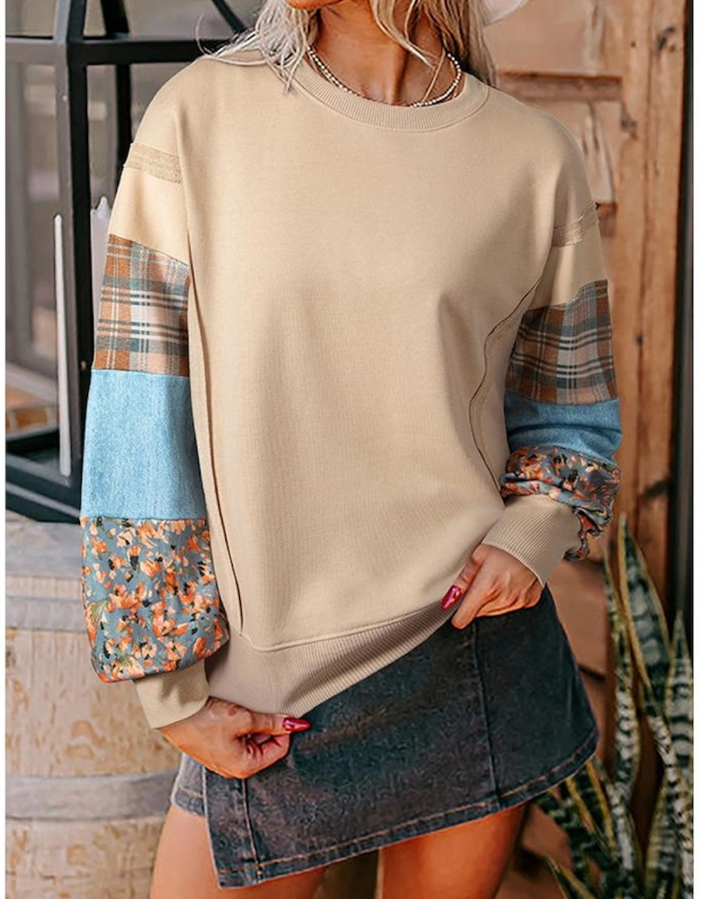 Smoke Gray Plaid Colorblock Patchwork Sleeve Raw Seam Sweatshirt