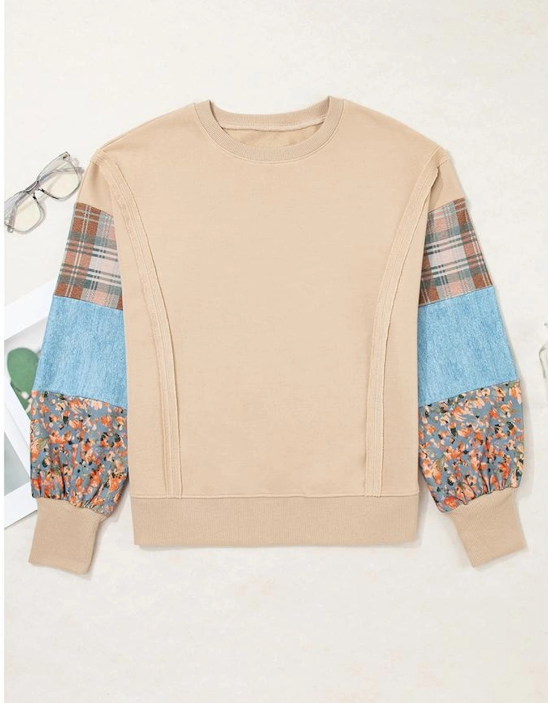 Smoke Gray Plaid Colorblock Patchwork Sleeve Raw Seam Sweatshirt