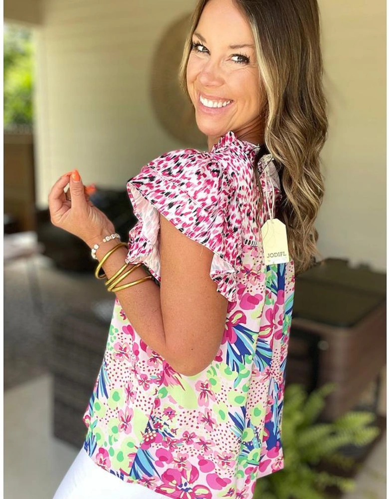 Pink Floral Mixed Print Ruffle Cap Sleeve Blouse