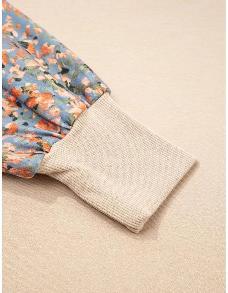 Smoke Gray Plaid Colorblock Patchwork Sleeve Raw Seam Sweatshirt