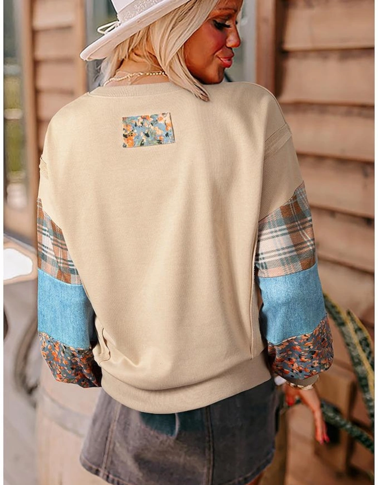 Smoke Gray Plaid Colorblock Patchwork Sleeve Raw Seam Sweatshirt