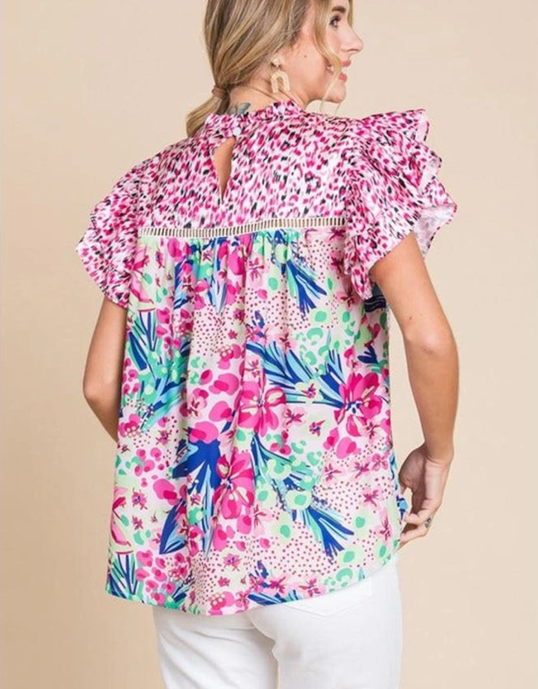 Pink Floral Mixed Print Ruffle Cap Sleeve Blouse