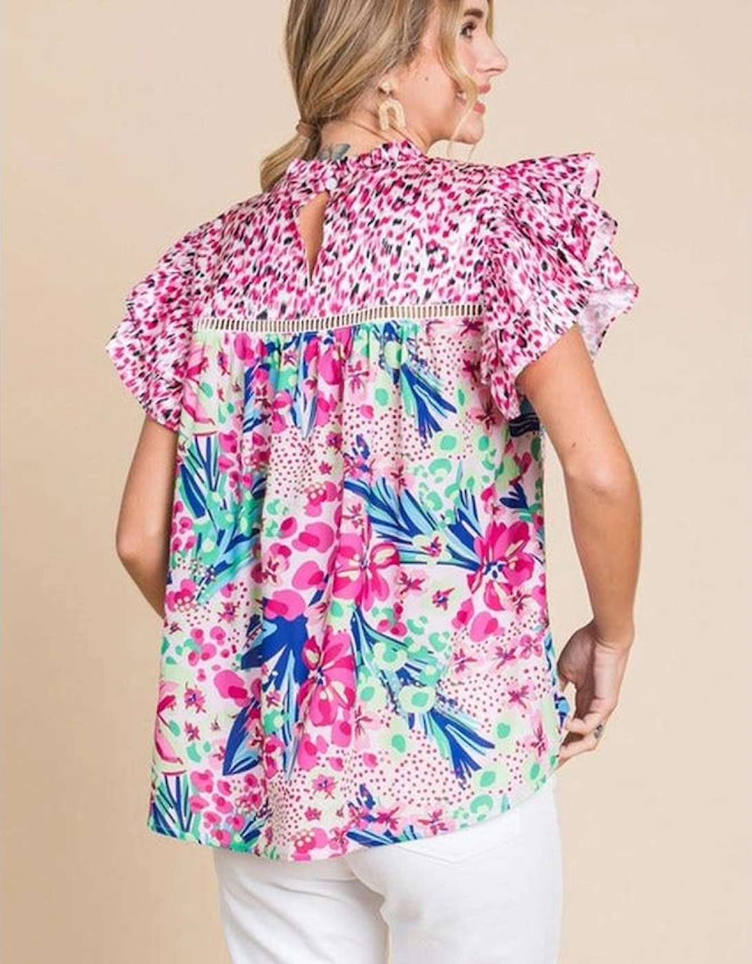 Pink Floral Mixed Print Ruffle Cap Sleeve Blouse