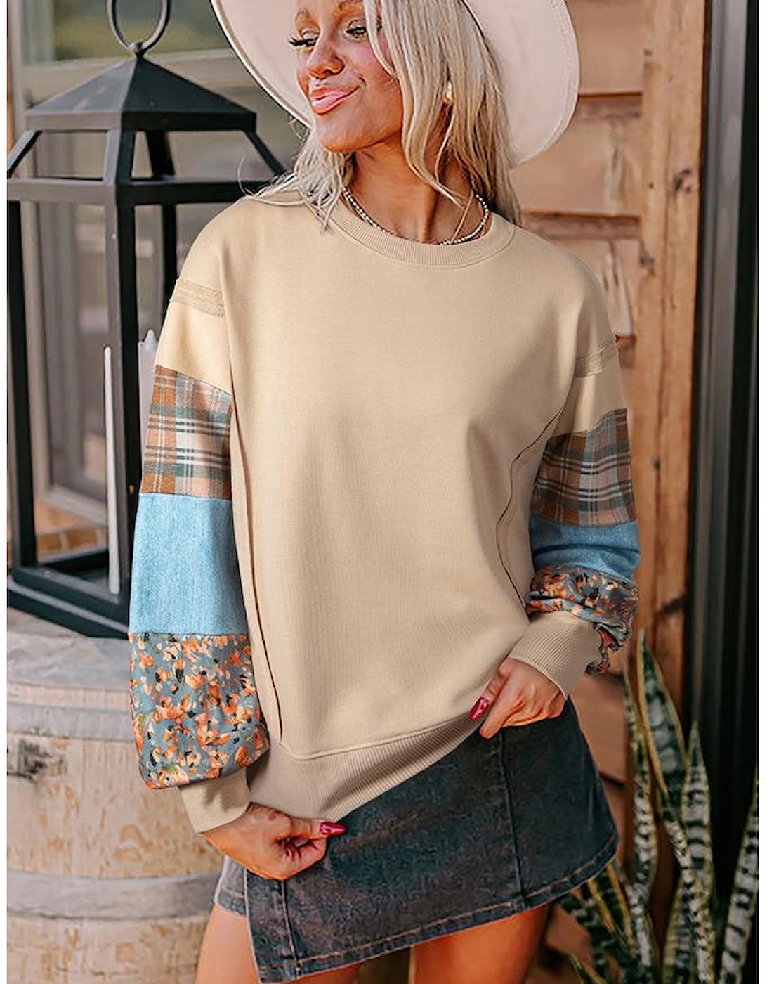 Smoke Gray Plaid Colorblock Patchwork Sleeve Raw Seam Sweatshirt