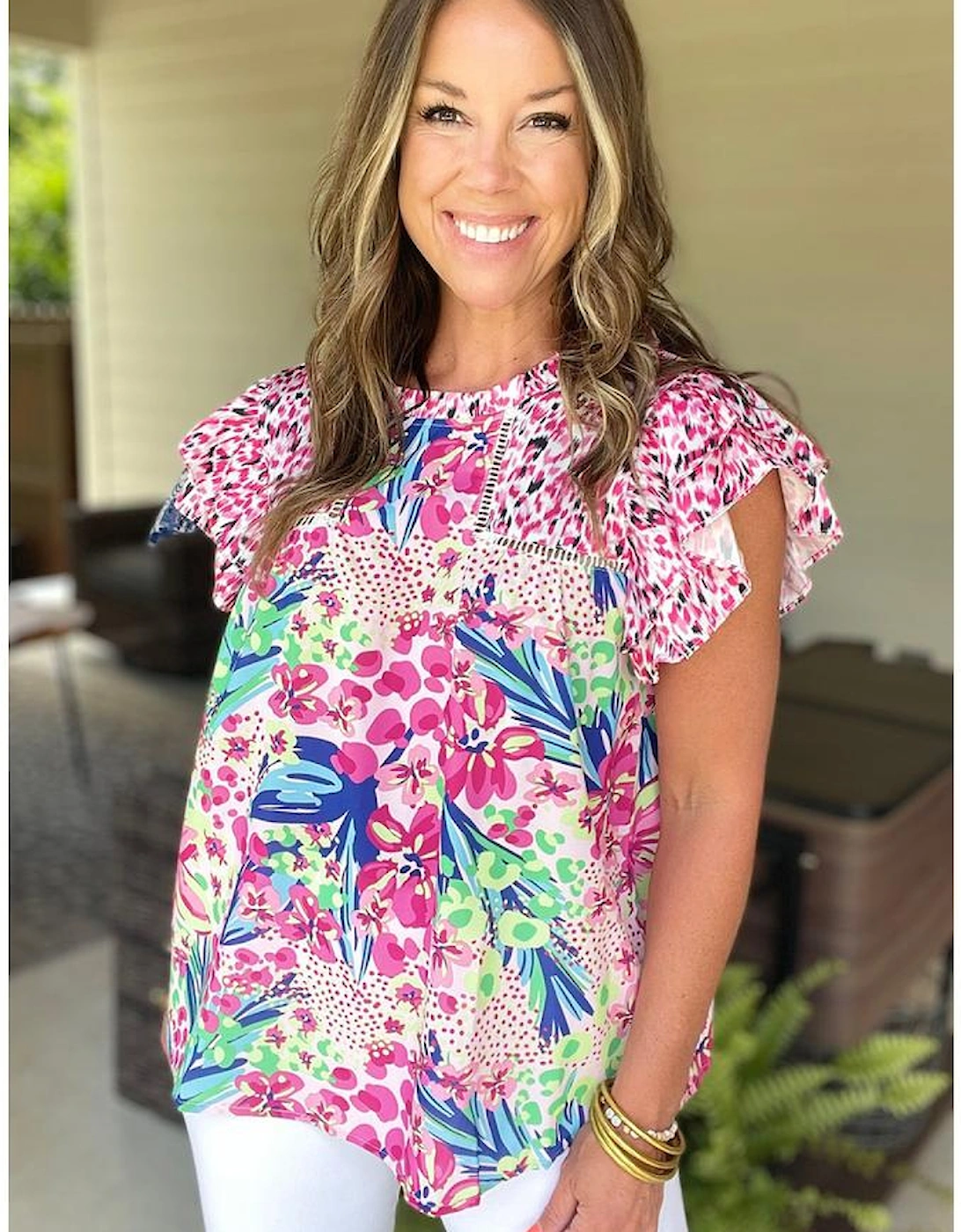 Pink Floral Mixed Print Ruffle Cap Sleeve Blouse