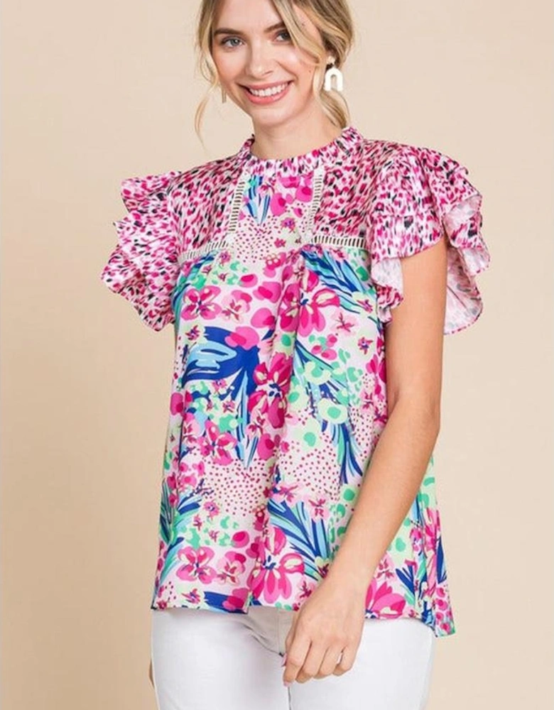 Pink Floral Mixed Print Ruffle Cap Sleeve Blouse
