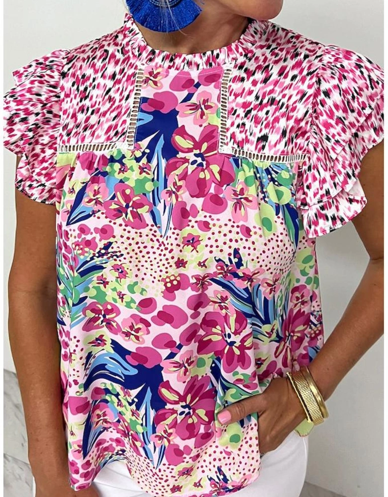 Pink Floral Mixed Print Ruffle Cap Sleeve Blouse