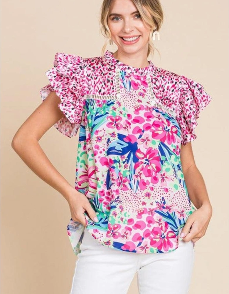 Pink Floral Mixed Print Ruffle Cap Sleeve Blouse