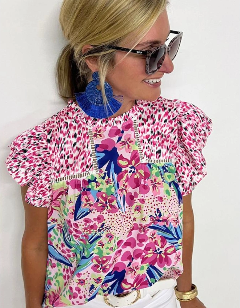 Pink Floral Mixed Print Ruffle Cap Sleeve Blouse