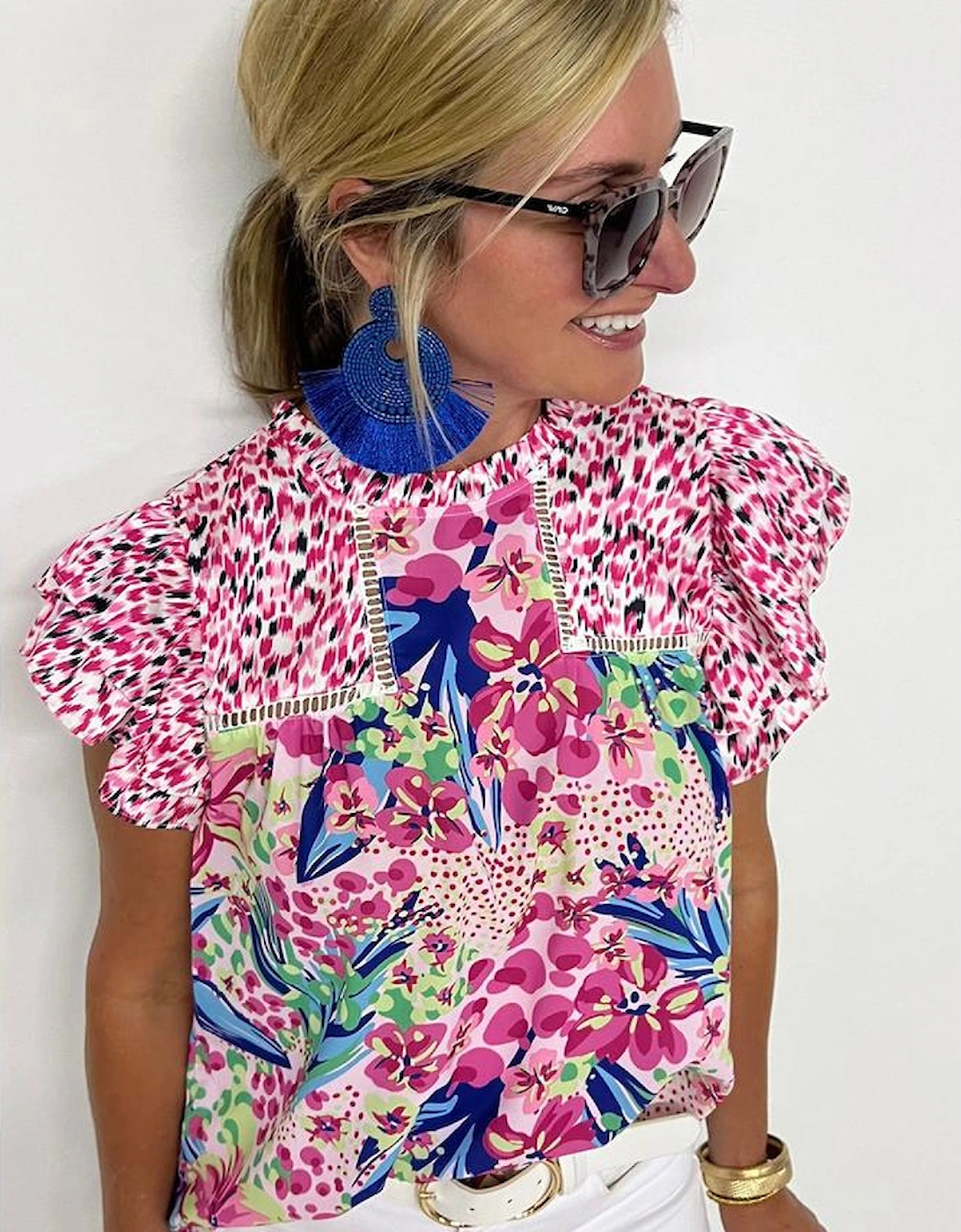 Pink Floral Mixed Print Ruffle Cap Sleeve Blouse