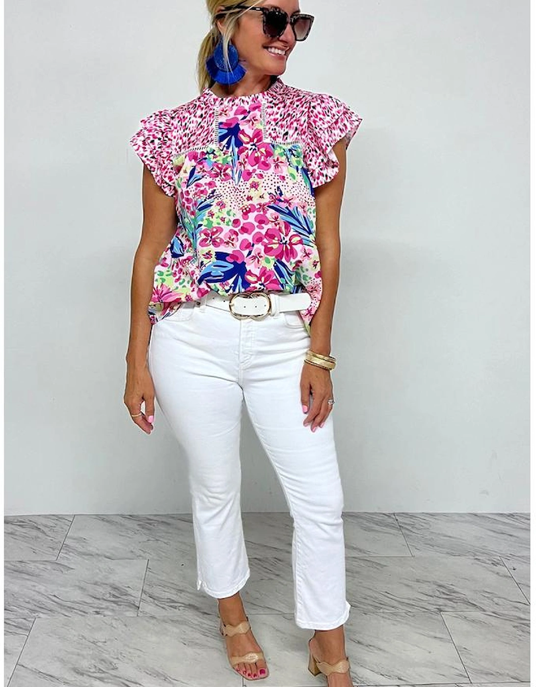 Pink Floral Mixed Print Ruffle Cap Sleeve Blouse