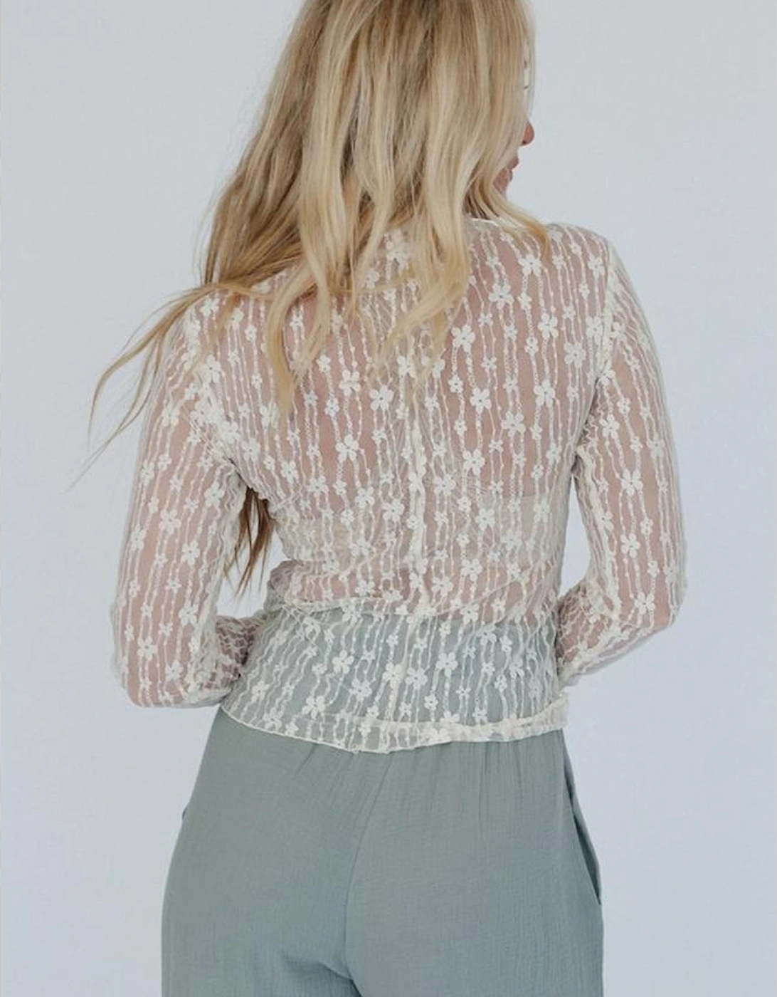 White Sheer Floral Lace Long Sleeve Slim Fit Top, 14 of 13