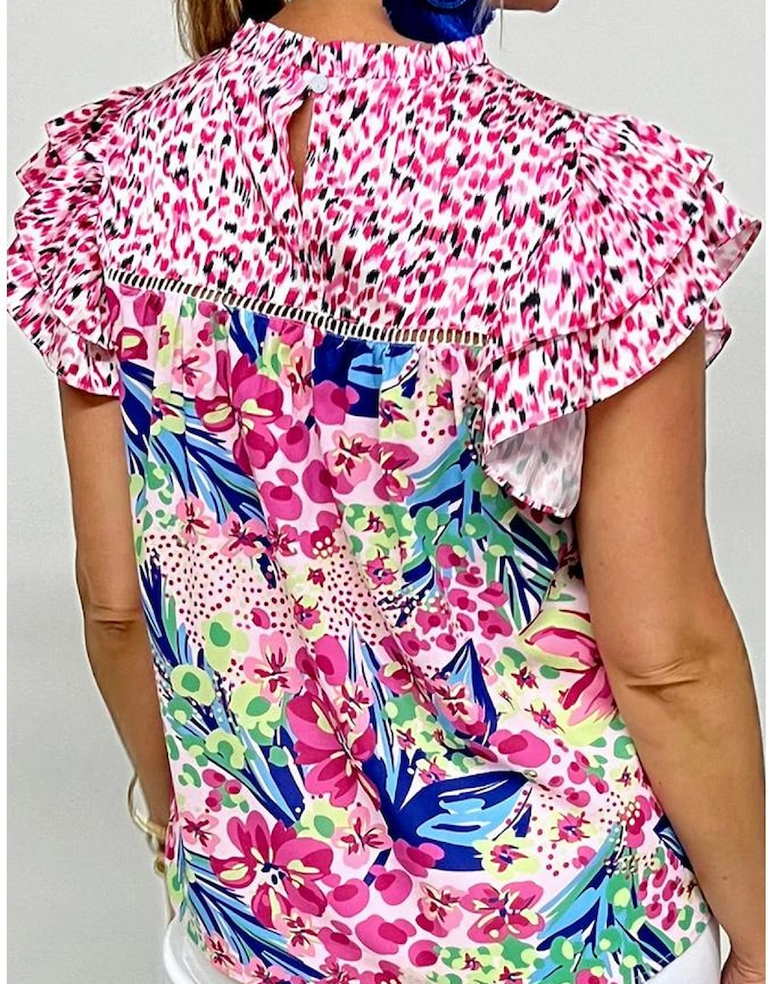 Pink Floral Mixed Print Ruffle Cap Sleeve Blouse, 16 of 15
