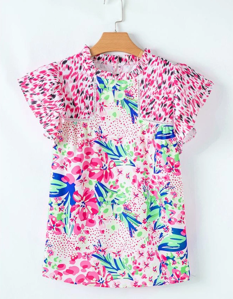 Pink Floral Mixed Print Ruffle Cap Sleeve Blouse