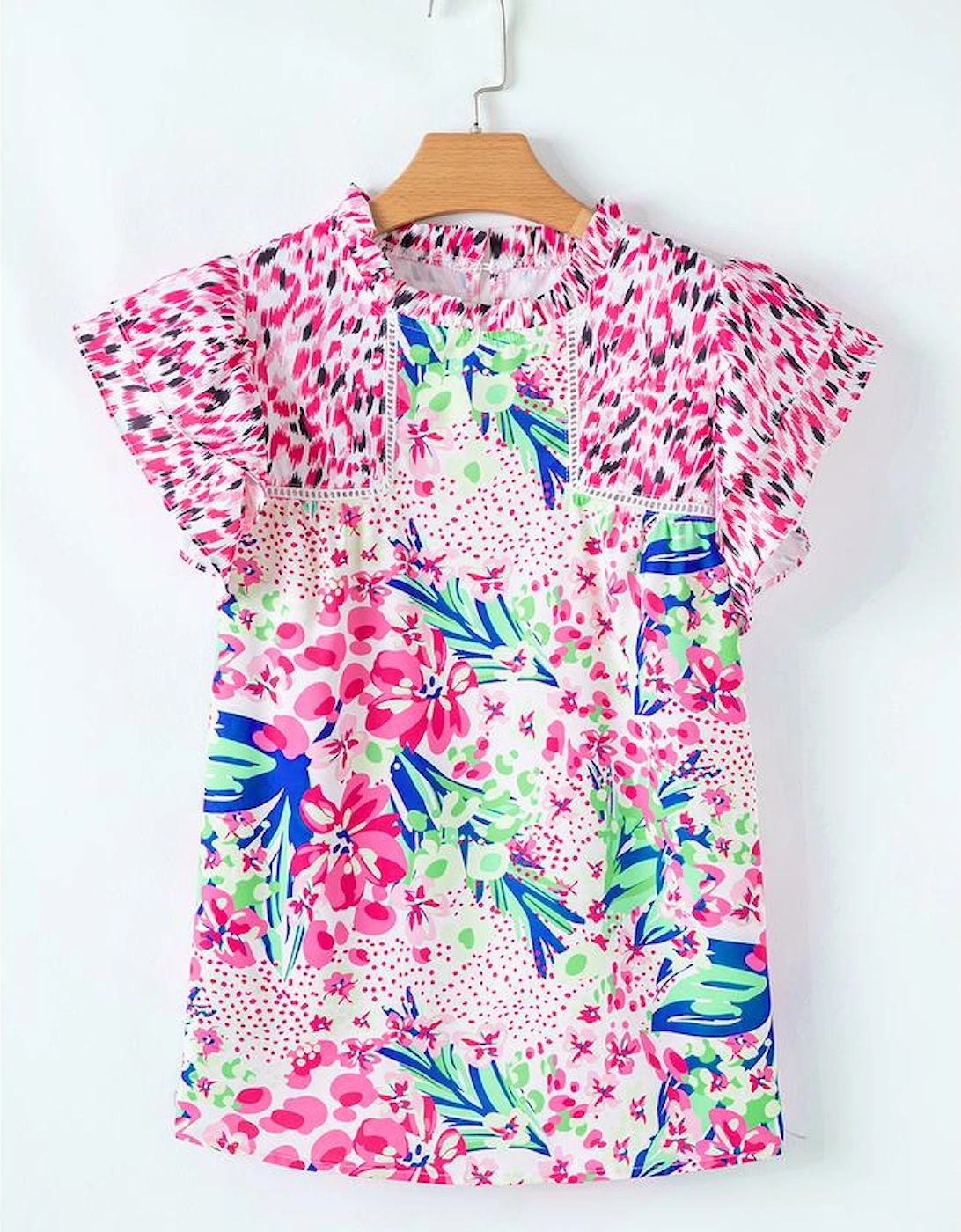 Pink Floral Mixed Print Ruffle Cap Sleeve Blouse