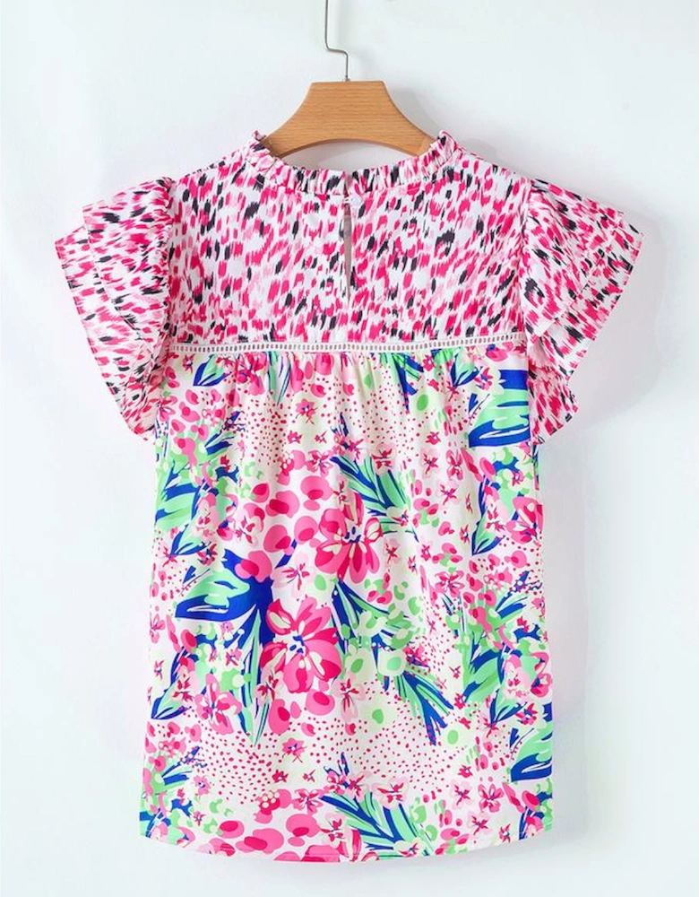 Pink Floral Mixed Print Ruffle Cap Sleeve Blouse
