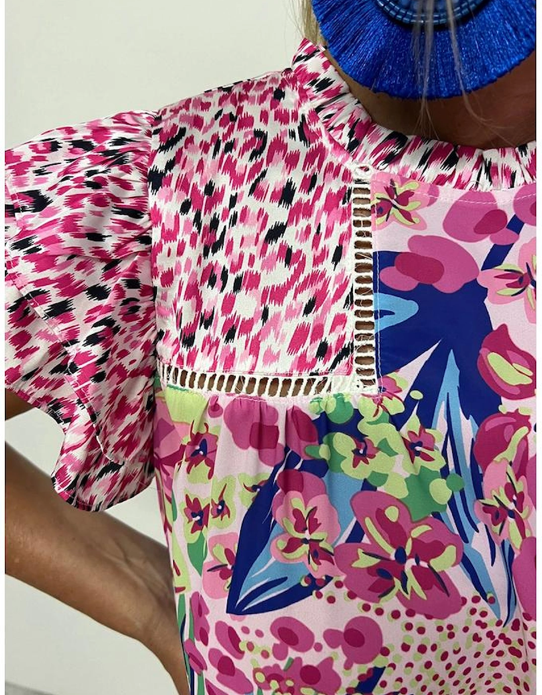 Pink Floral Mixed Print Ruffle Cap Sleeve Blouse