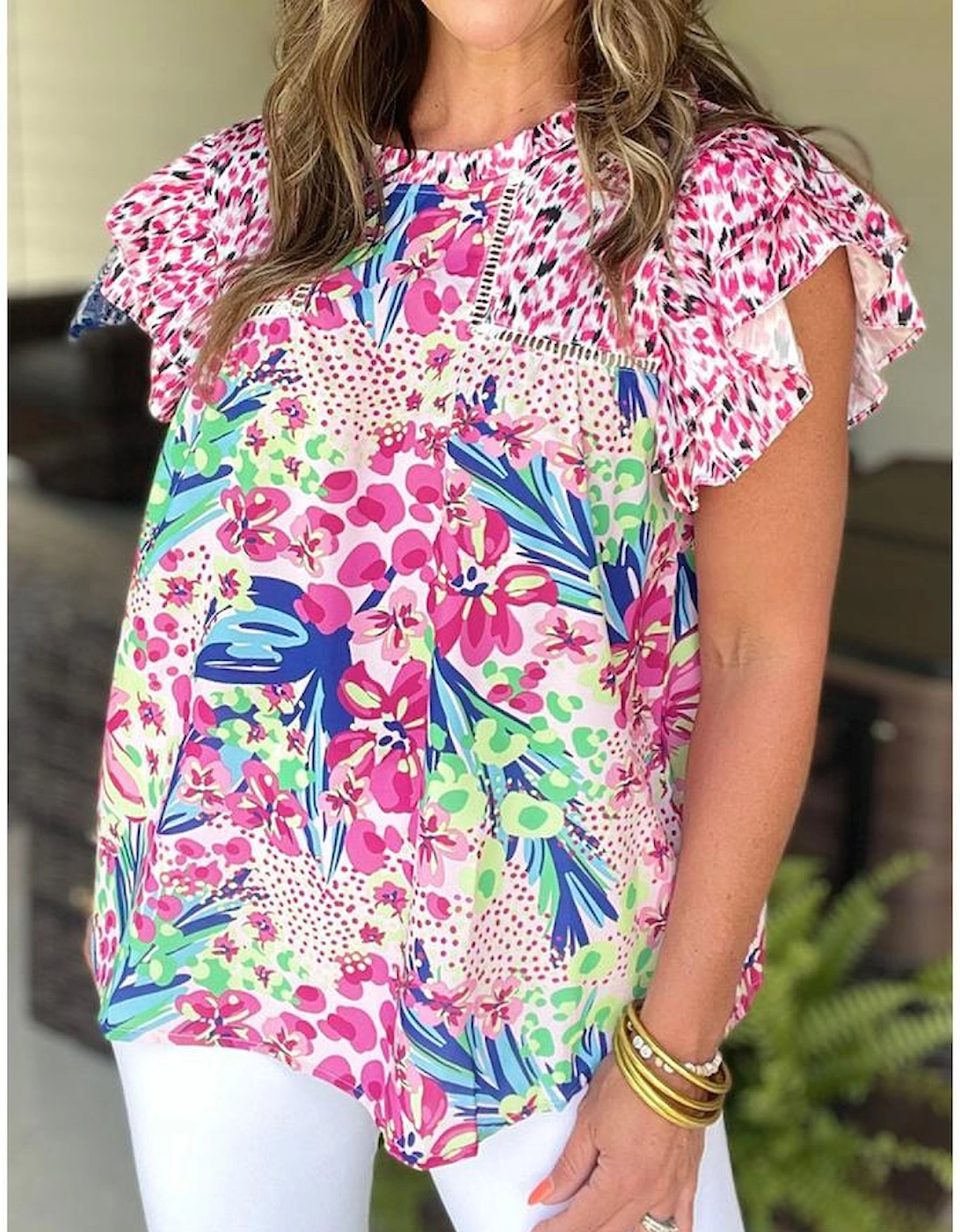 Pink Floral Mixed Print Ruffle Cap Sleeve Blouse