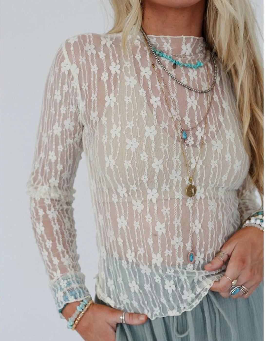 White Sheer Floral Lace Long Sleeve Slim Fit Top