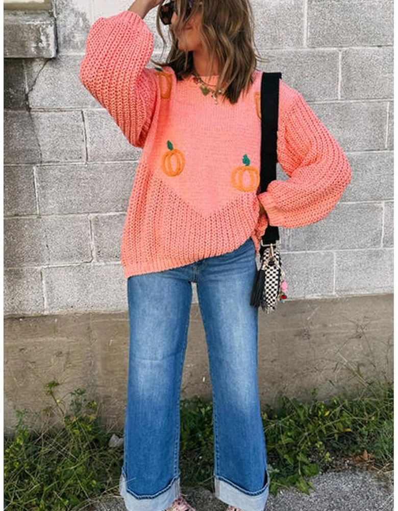 Blossom Pumpkin Embroidered Thanksgiving Holiday Sweater