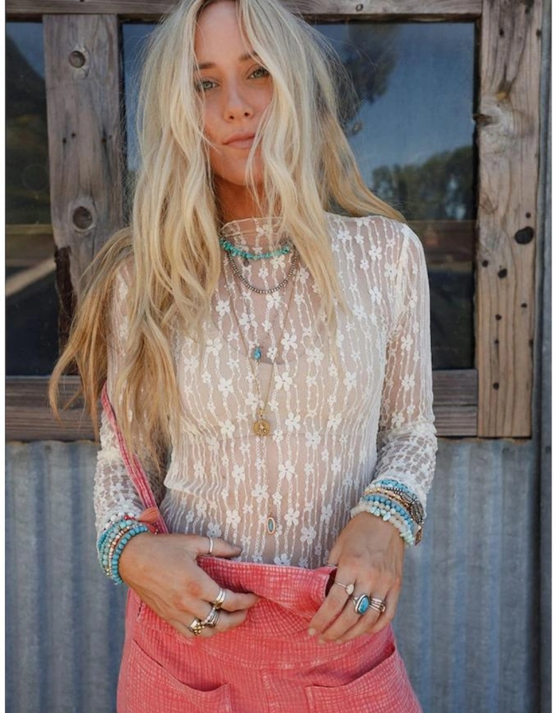 White Sheer Floral Lace Long Sleeve Slim Fit Top