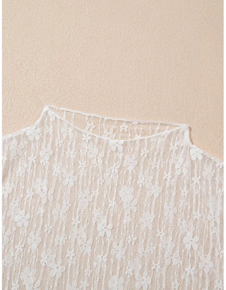 White Sheer Floral Lace Long Sleeve Slim Fit Top