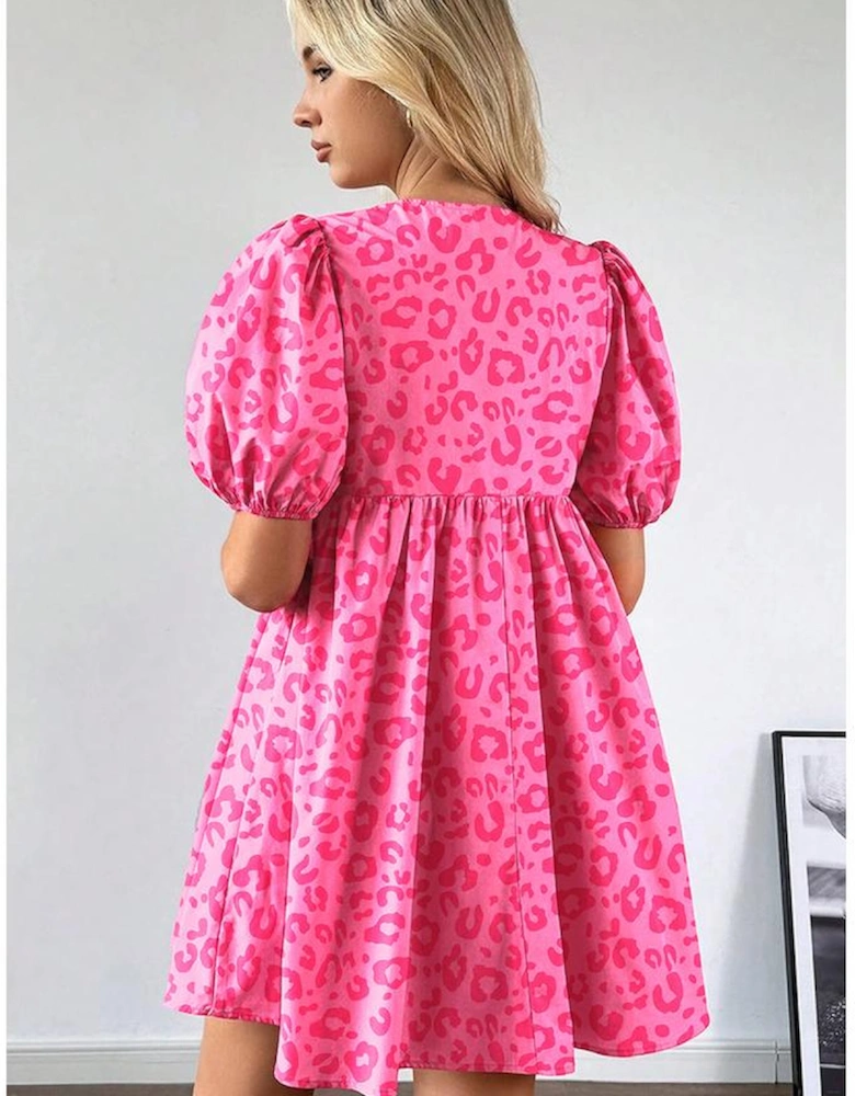 Rose Leopard Puff Sleeve Tie Front High Waist Mini Dress