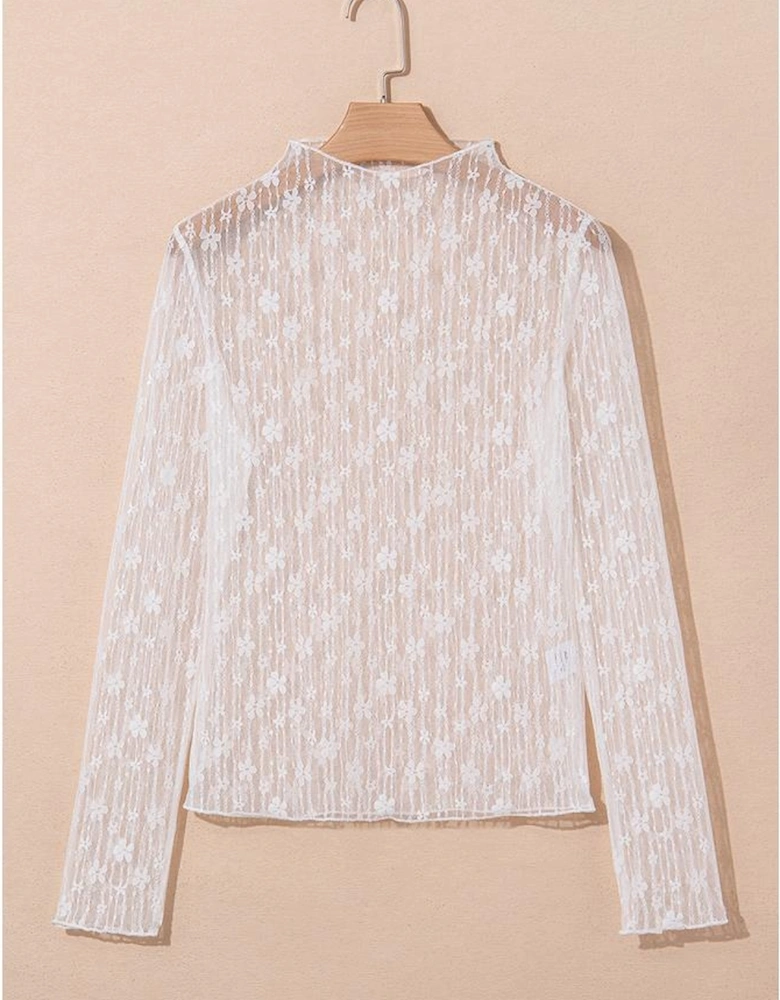White Sheer Floral Lace Long Sleeve Slim Fit Top